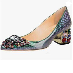 YDN Snake Print Pointed Toe Bow Pump Rhinestone Block Low Heel Butterfly Shoes